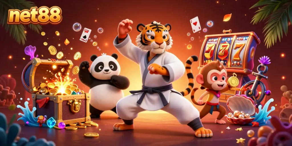 Engage with net88's thrilling casino atmosphere featuring vibrant characters and dynamic gaming elements.