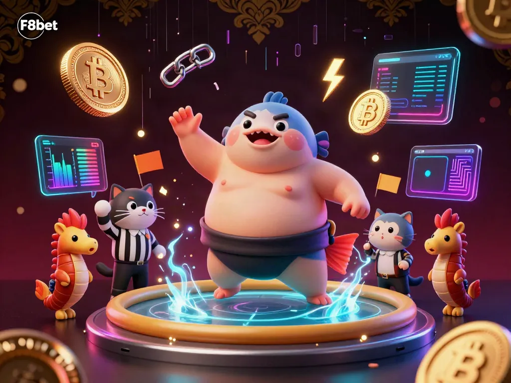 Bet on F8bet with lively 3D characters and crypto elements in an underwater casino.