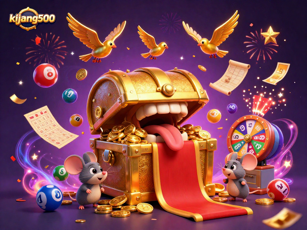 Engage in thrilling lottery fun with kijang500's vibrant 3D casino illustration featuring colorful lottery balls and treasure!