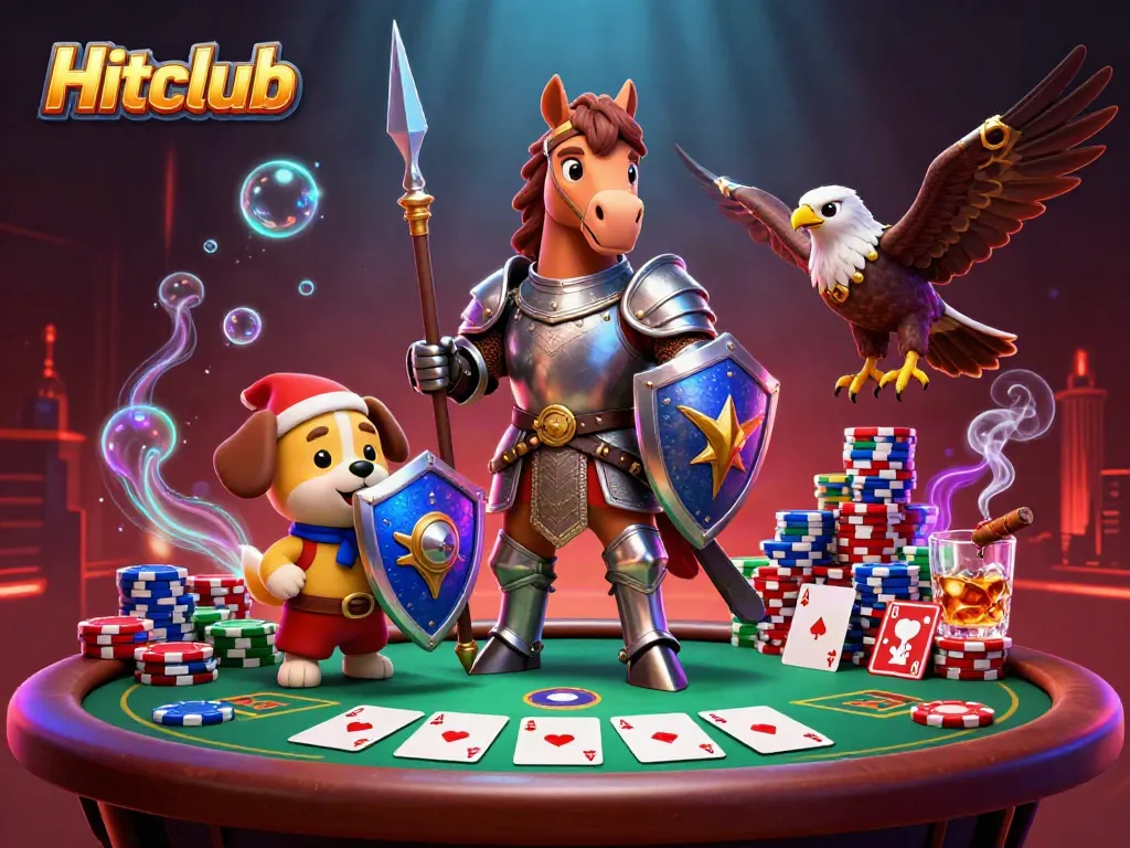 Engage with Hitclub's vibrant gaming scene featuring poker elements and medieval characters.