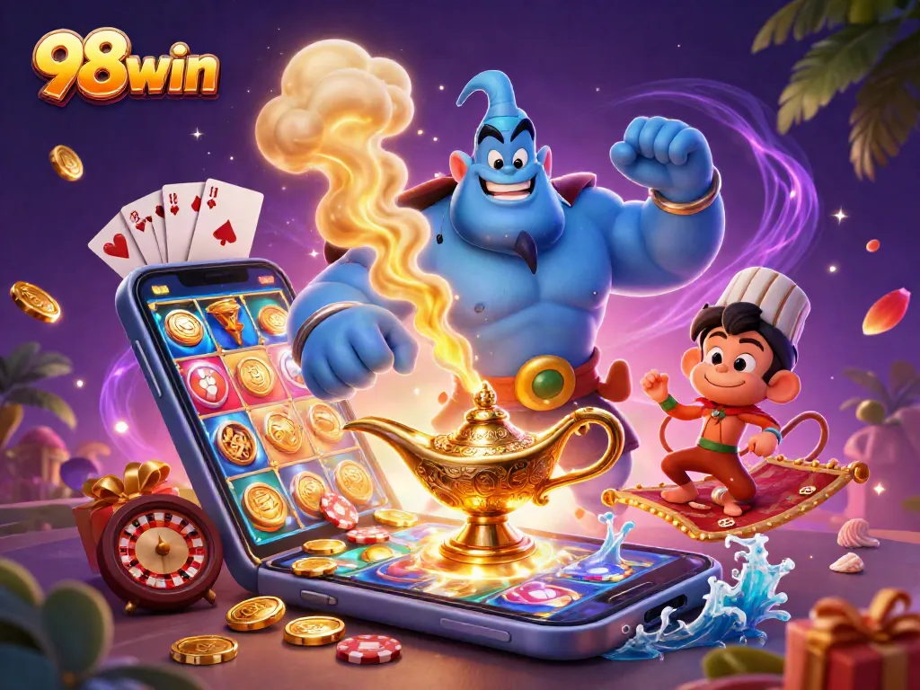 Play exciting games with 98win's vibrant casino scene featuring a genie, poker chips, and slot reels.
