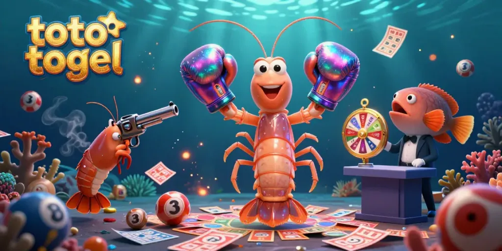 Engaging scene with cartoon mantis shrimp, representing toto togel, amidst colorful lottery balls and glowing prizes.
