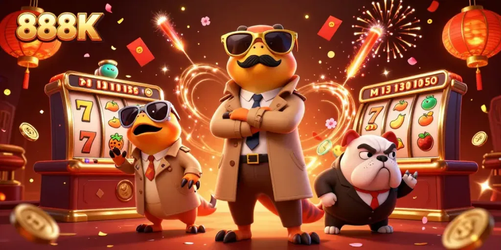 Play games at 888K with vibrant raptors in a casino scene full of winning slots and festive decorations.