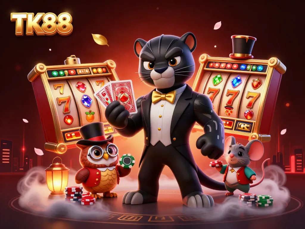 Engage in thrilling slots with TK88 featuring stylish characters and vibrant casino elements.