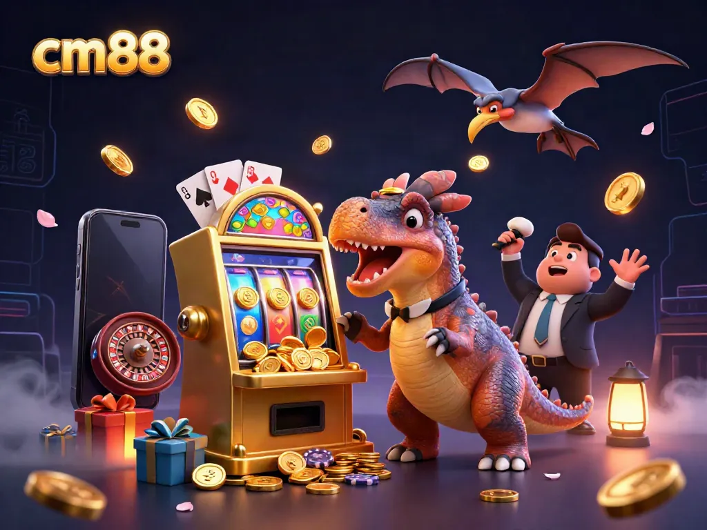 Experience cm88 excitement as creatures interact with slot machines and coins explode in a colorful casino