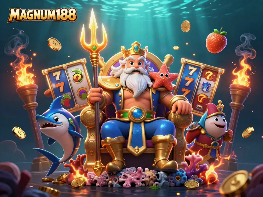 Enjoy winning at MAGNUM188 with vibrant slot reels, Neptune, and his samurai bodyguard in this enchanting underwater scene.