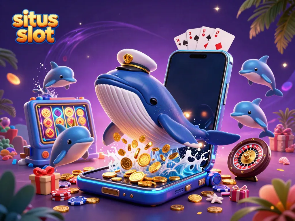 Gambarkan situs slot dengan ikan paus 3D raksasa dan karakter permainan yang ceria.
