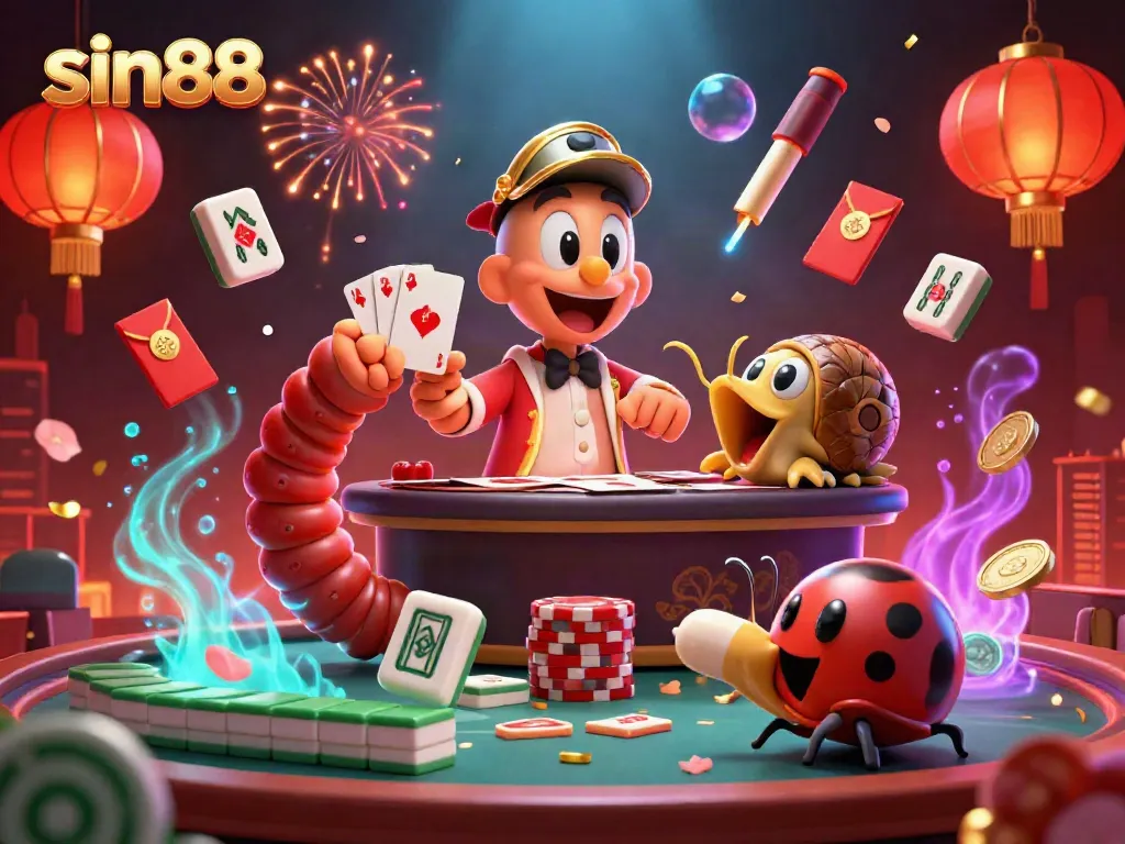 Experience captivating casino action with sin88, featuring a colorful cartoon scene of a millipede dealer and high-roller characters.