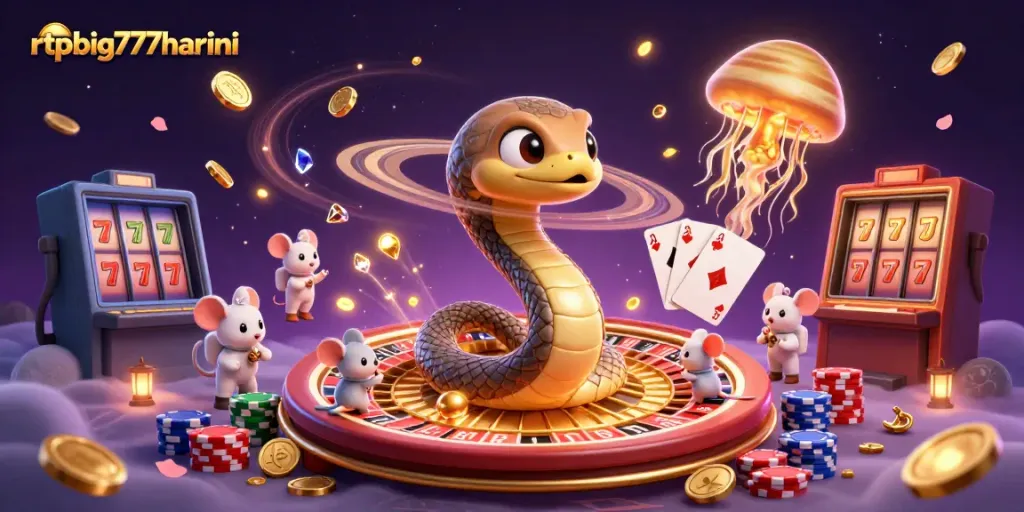 Experience winning thrills at rtpbig777hariini with a dynamic cosmic casino scene, featuring engaging characters and games.