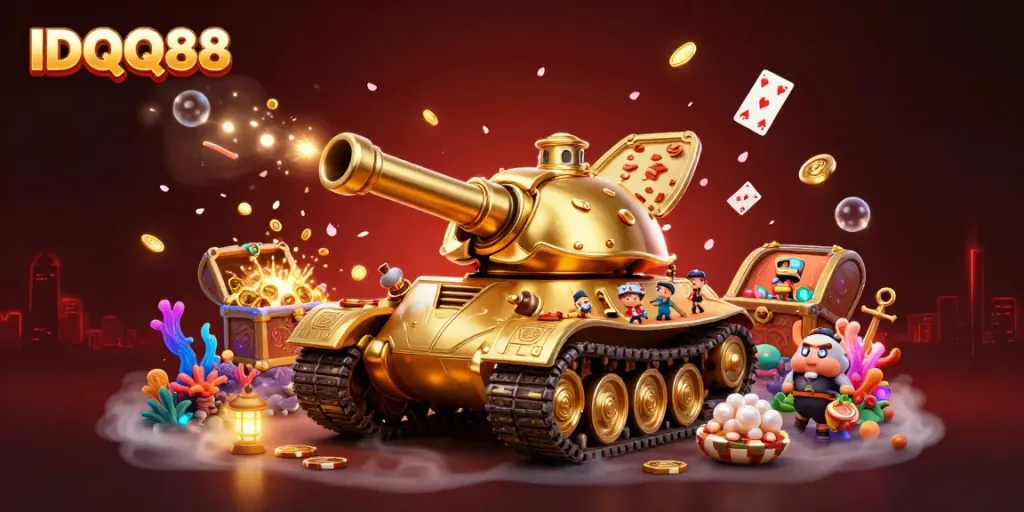 Experience IDQQ88 with a stunning casino-themed 3D illustration showcasing fun gaming elements.