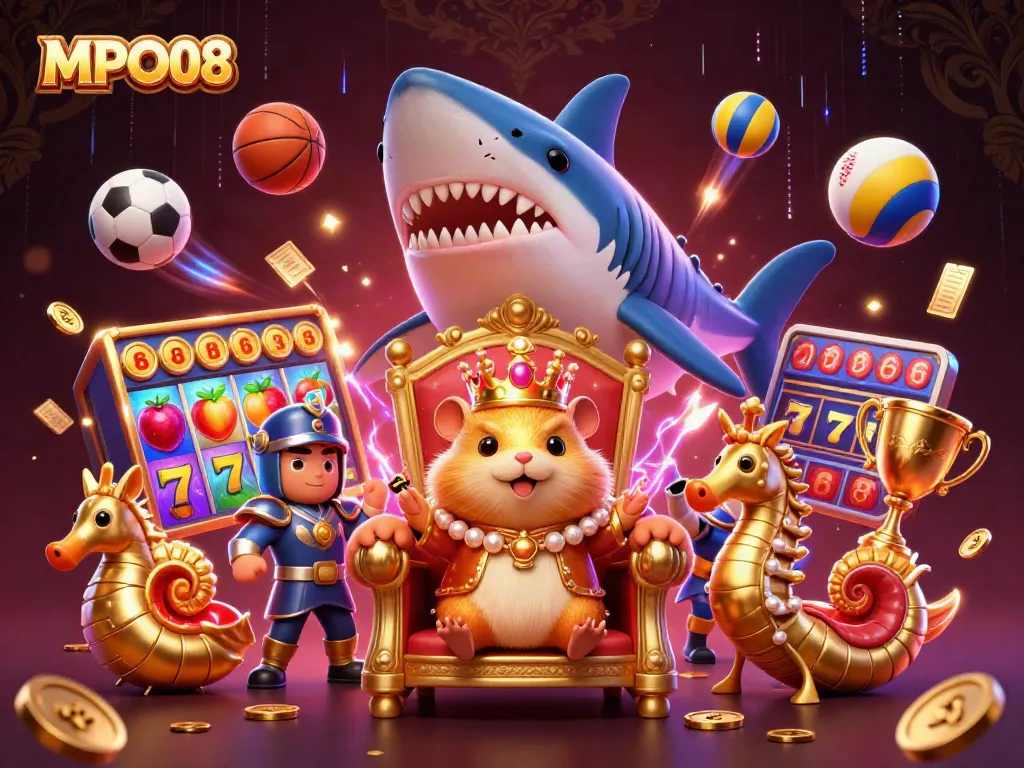 MPO08 showcases a vibrant 3D casino illustration with a hamster king, slot reels, and dynamic sports balls.