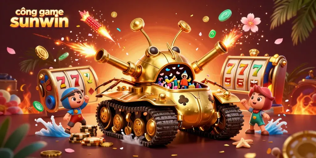 Engage with cổng game sunwin in an exhilarating illustration featuring a golden beetle casino tank and dynamic slot elements.