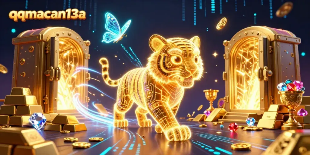 Spin to win with qqmacan13a in a vibrant digital casino illuminated by gold treasures.