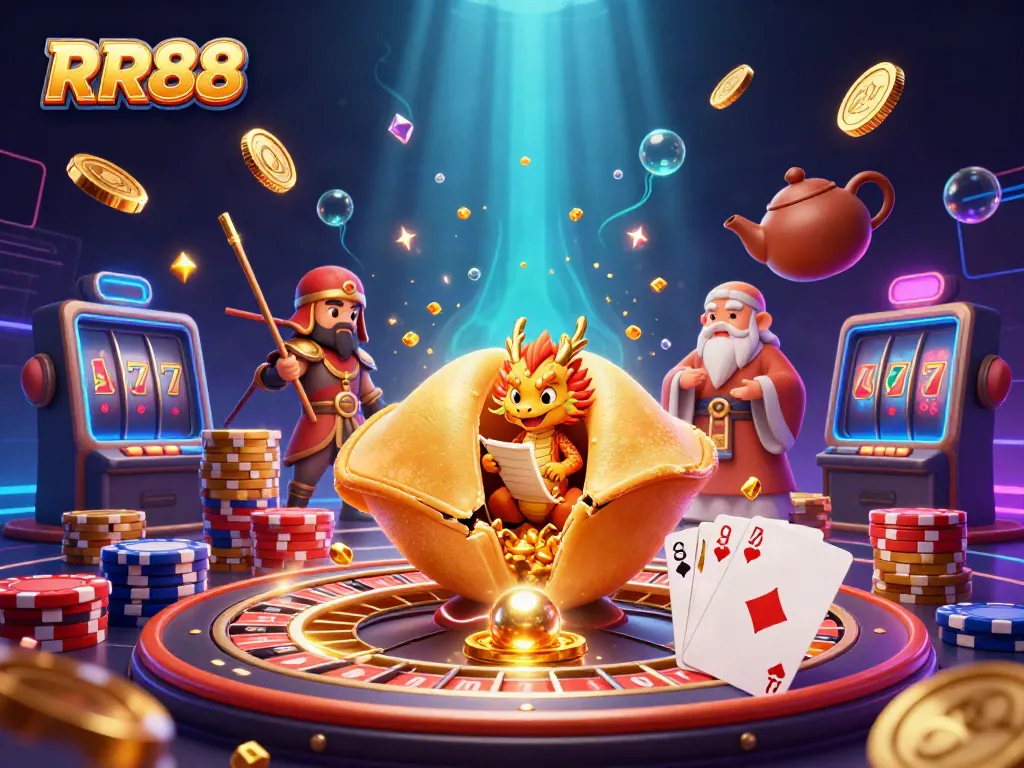 RR88 golden cookie with dragon, casino elements, and vibrant 3D graphics showcasing exciting gameplay.