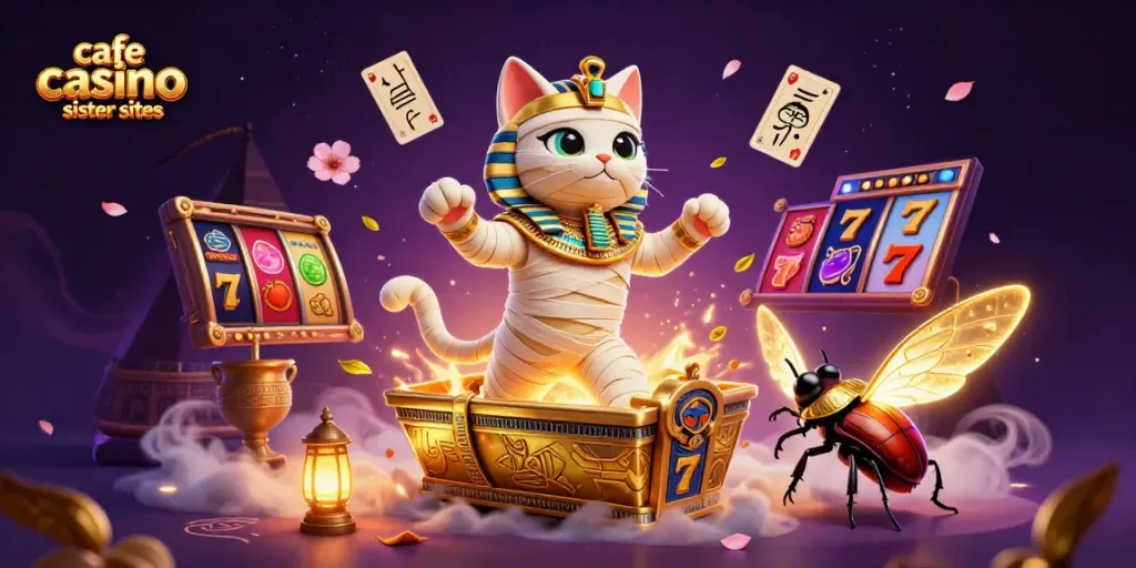 Engage with cafe casino sister sites through vibrant slots and dynamic gaming elements in this colorful 3D illustration.