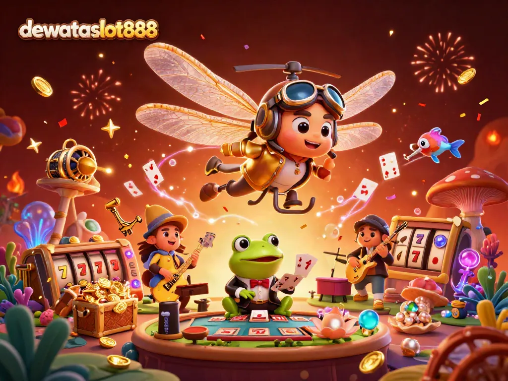 Permainan slot dan kasino menarik di dewataslot888, dengan suasana meriah dan karakter unik.