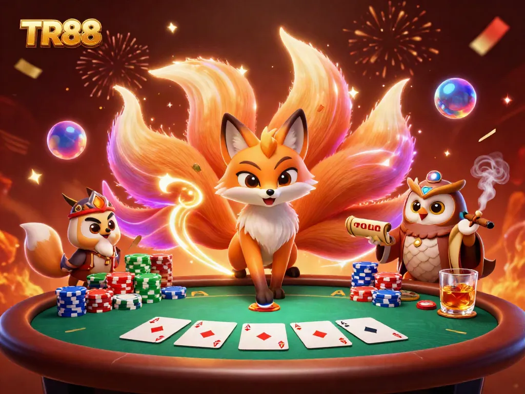 Win massive rewards with TR88 in this vibrant casino scene featuring colorful characters and dynamic poker action.