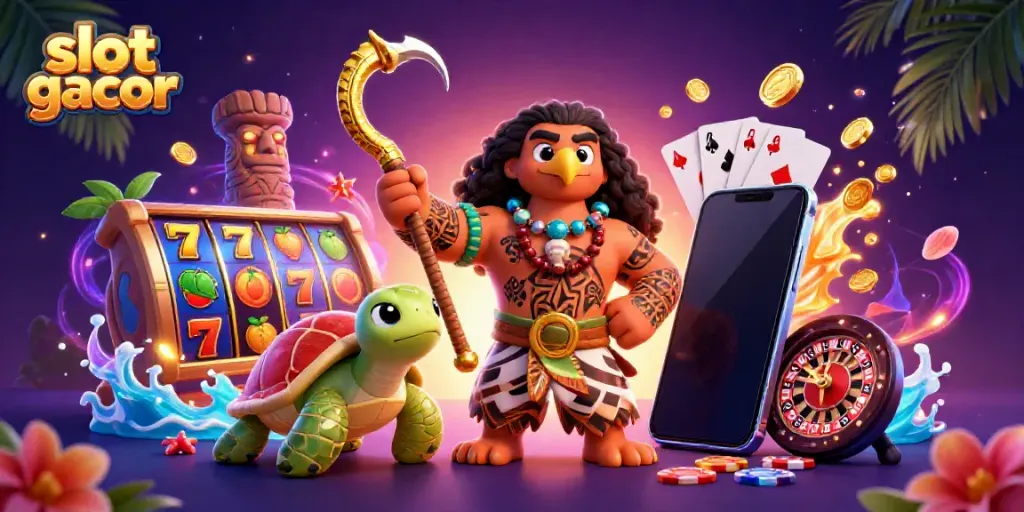 Experience the excitement of slot gacor with a vibrant scene of 3D characters, slot reels, and casino elements.