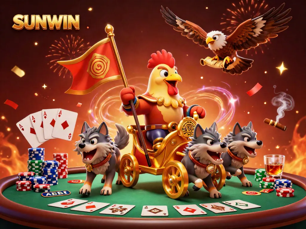 Experience epic gaming action with SUNWIN, featuring a rooster warlord and vibrant casino elements.