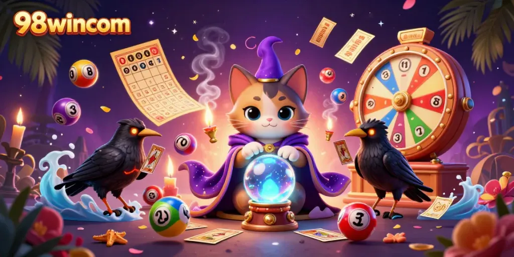 Experience vibrant gaming energy at 98wincom with colorful lottery elements and mystical characters.