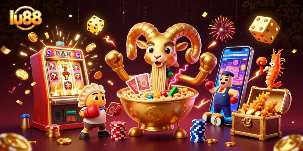 lu88 showcases an exciting casino experience with a giant ramen bowl character dealing cards amidst golden jackpots.