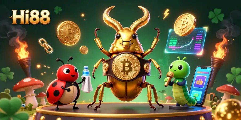 Hi88 engages players with a vibrant 3D illustration of a golden stag beetle in a boxing setting among cryptocurrency elements.
