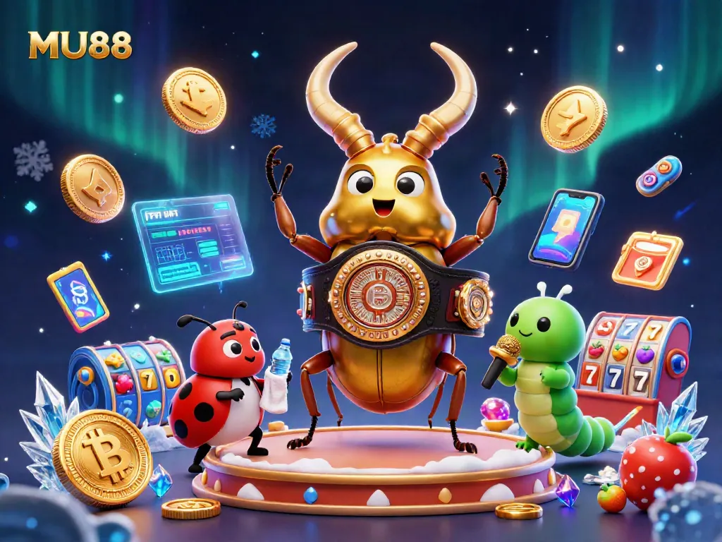 Bet on MU88 with a vibrant 3D scene showcasing a boxing beetle, slot reels, and glowing crypto elements.