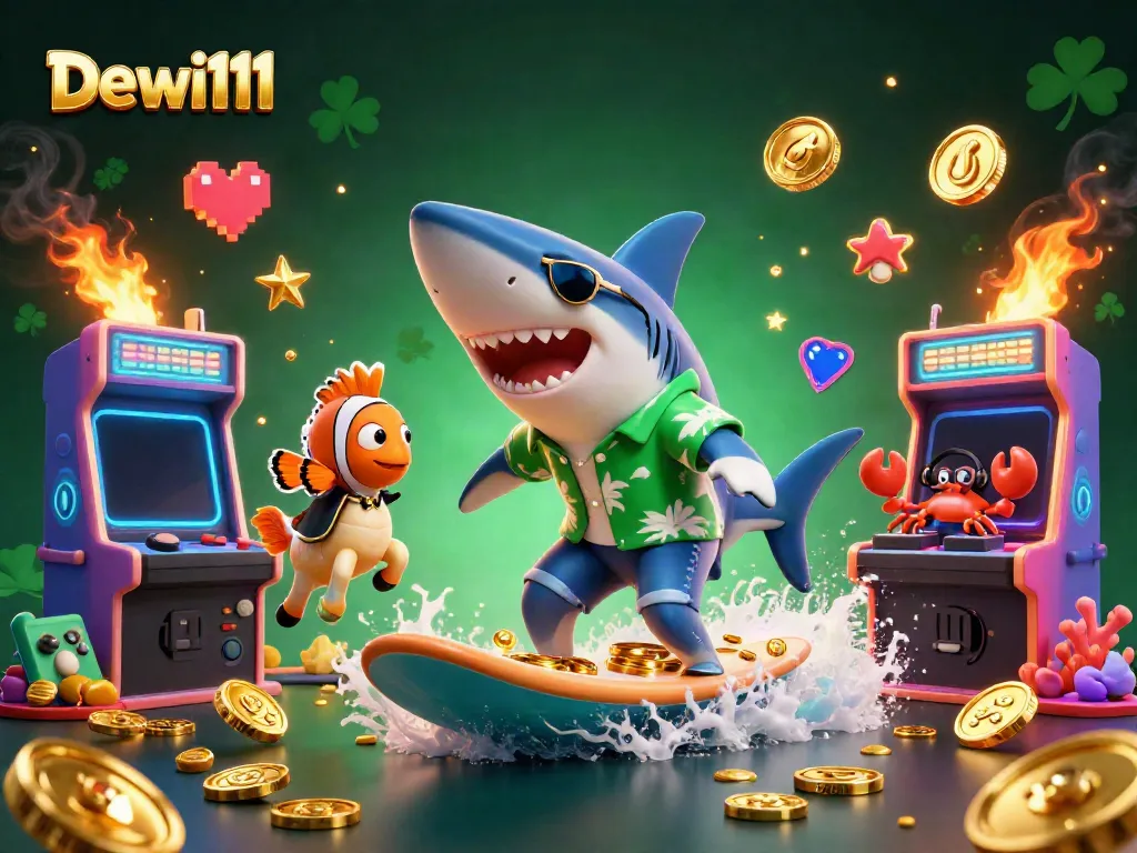 Permainan slot menarik di Dewi111 yang dikelilingi karakter lucu dan koin emas.