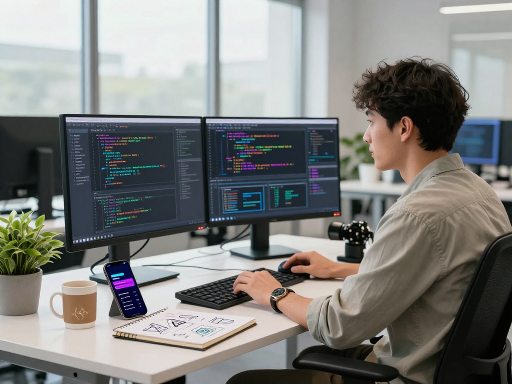 Developer coding with spicy ai tools in modern workspace