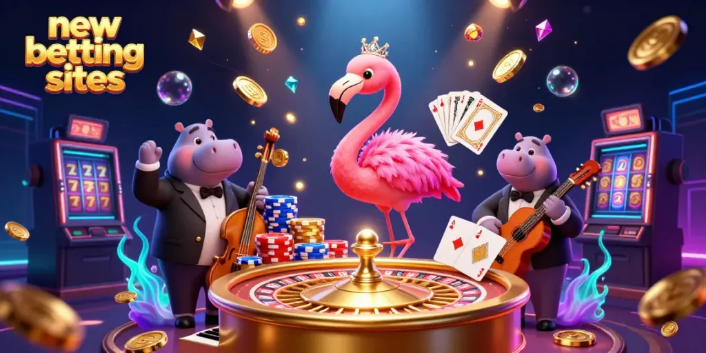 Engage with new betting sites showcasing a flamingo singer and hippo bassist amid vibrant casino elements.