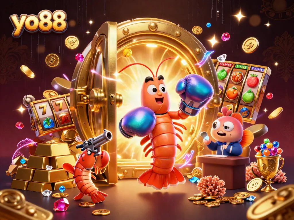 Win massive jackpots at yo88, with vibrant 3D characters surrounded by gold, gems, and exciting casino elements.