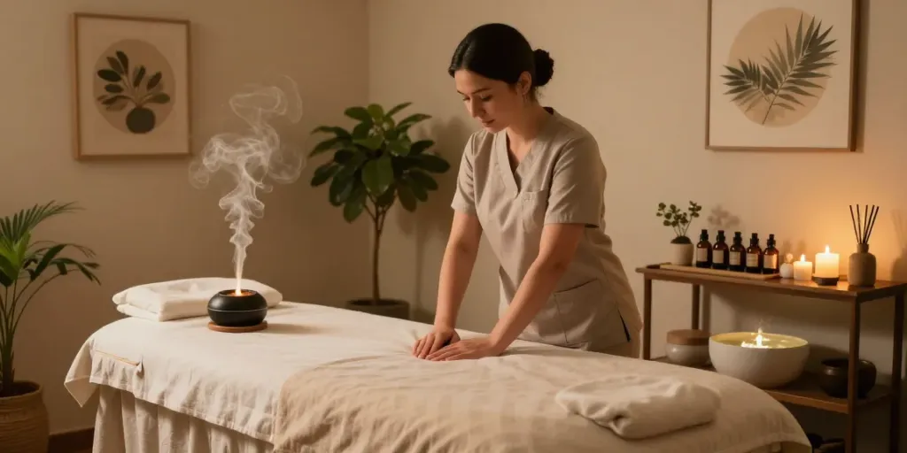 Professional massage therapist in a wellness studio setting, showcasing 성남출장마사지 services with calming atmosphere and essential oils.