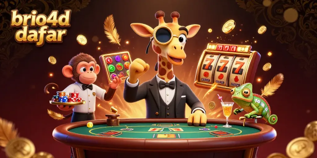 Experience the excitement of brio4d daftar with high-roller giraffe and casino elements in this lively illustration.