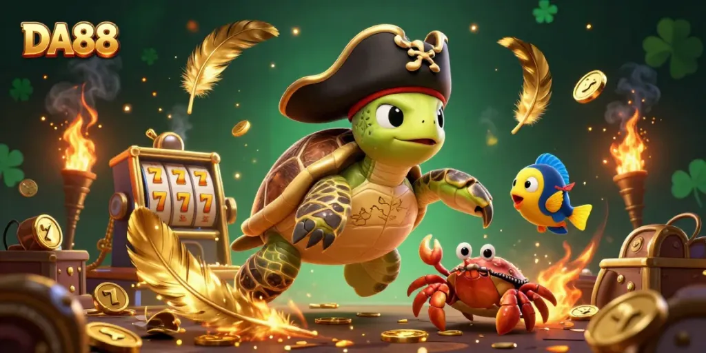 Immerse in the vibrant DA88 casino scene with a lively pirate turtle, hermit crab, and parrotfish amidst slots and treasures.