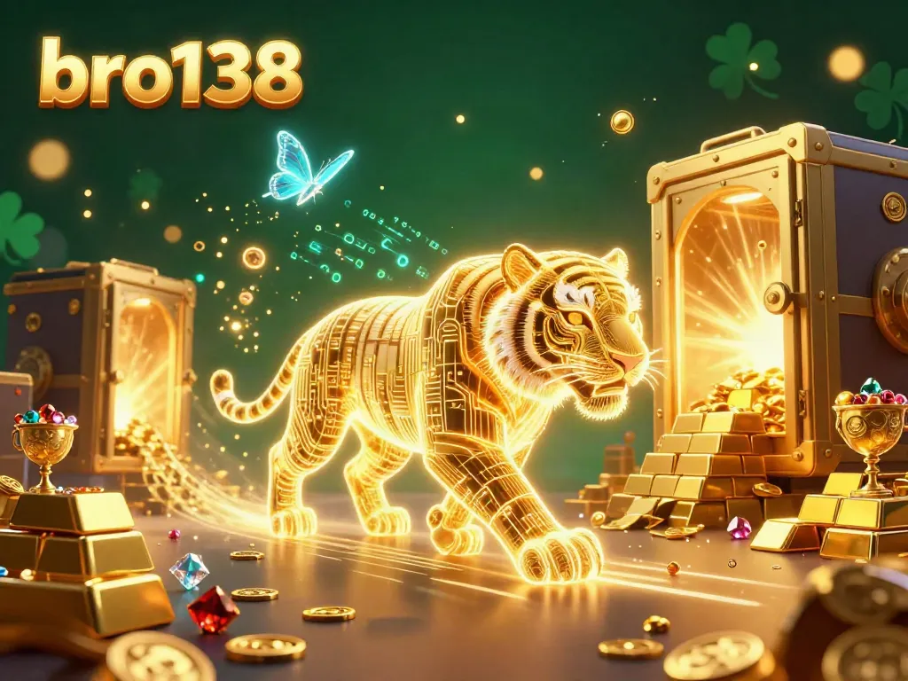 Experience high-stakes excitement at bro138 with a neon golden tiger and treasures bursting in a digital casino.