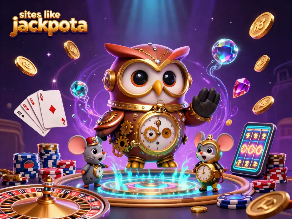Play games on sites like jackpota with a lively casino scene featuring an owl and gaming elements.