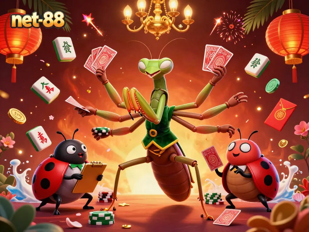 Engage with net-88's vibrant casino scene featuring dynamic characters, luxurious decor, and exciting game elements.
