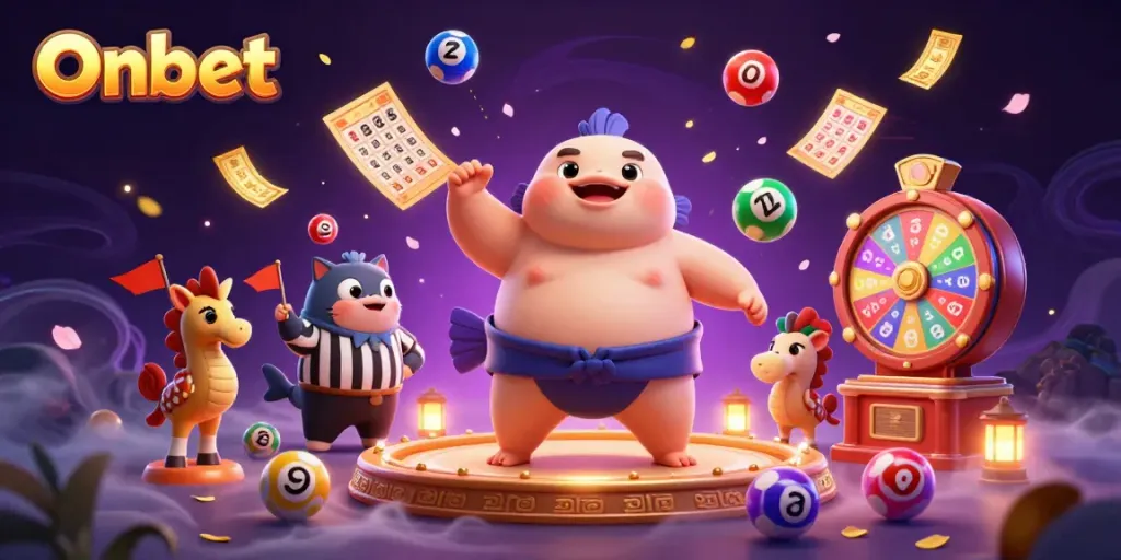Onbet brings a lively lottery scene alive with a fugu character and prize elements showcasing vibrant energy