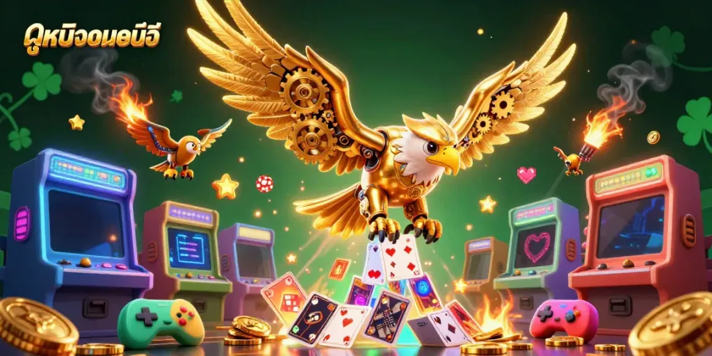 Experience cutting-edge ดูหนังออนไลน์ through an exciting cinematic scene with golden eagle and vibrant game elements.