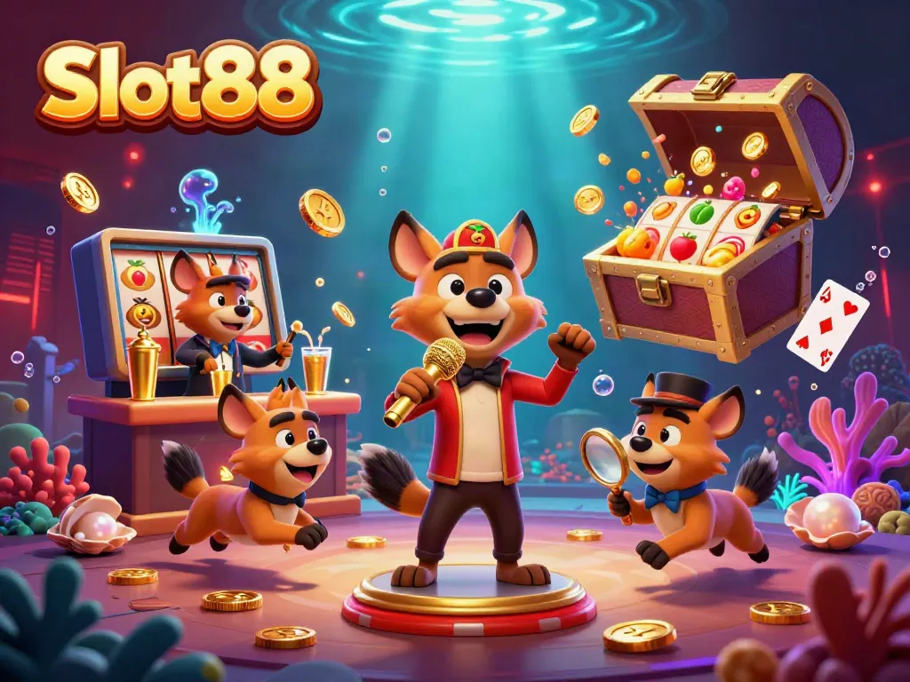 Engaging scene of the hyena casino crew showcasing Slot88 with humor and vibrant colors.