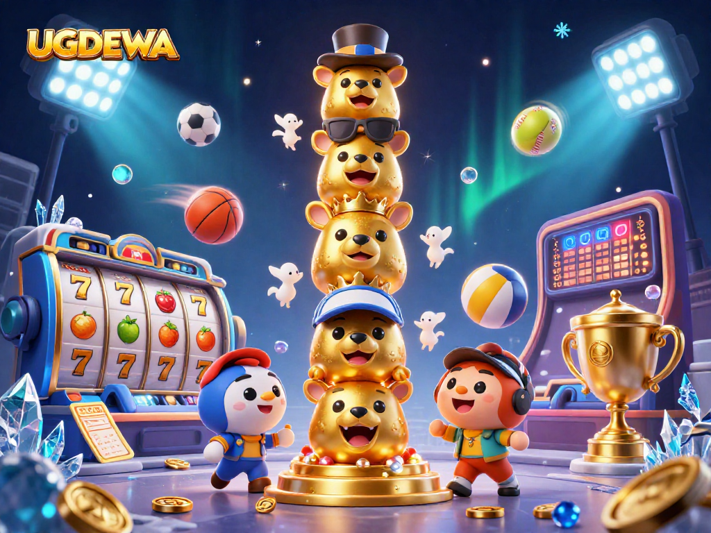 Engage with UGDEWA's lively scene featuring vibrant 3D casino elements and dynamic sports energy.