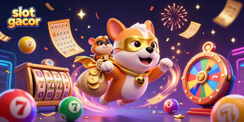 Exciting scene with a superhero dog and hamster promoting slot gacor amidst vibrant gaming elements and celebratory effects.