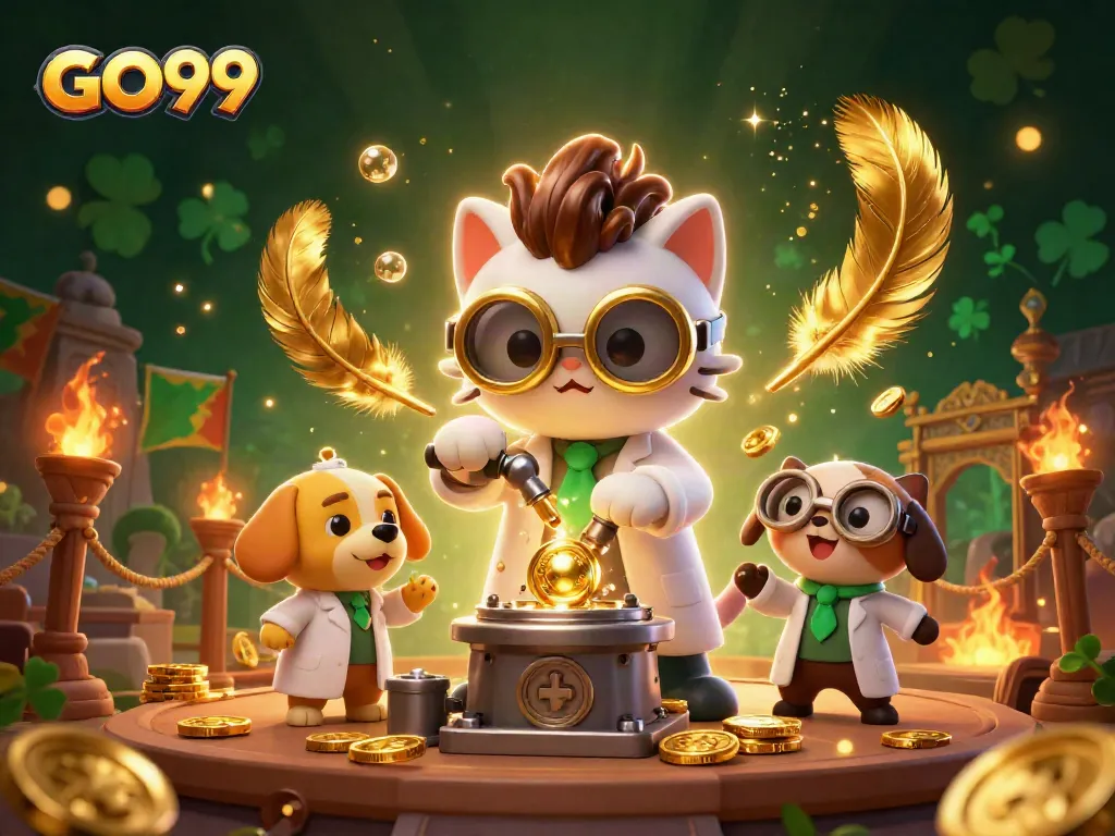 Experience GO99's thrilling gaming with the mad scientist cat creating gold coins amidst excitement.