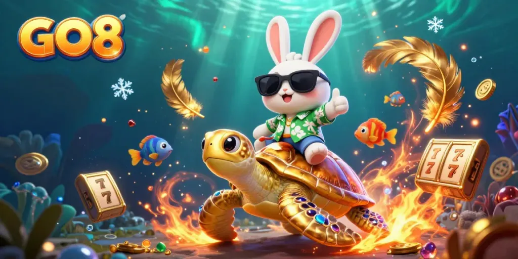 Engage in gaming with GO8's immersive casino scene featuring a lucky rabbit and golden turtle.