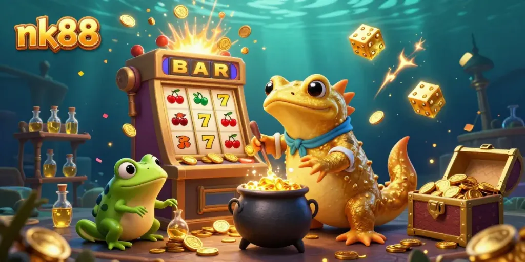Experience nk88's thrilling casino adventure with a dynamic scene of golden alchemy and exhilarating jackpots.