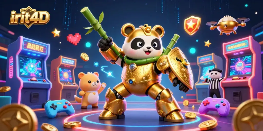 Engage with irit4D gaming strategies as a golden panda battles in a vibrant casino arena.