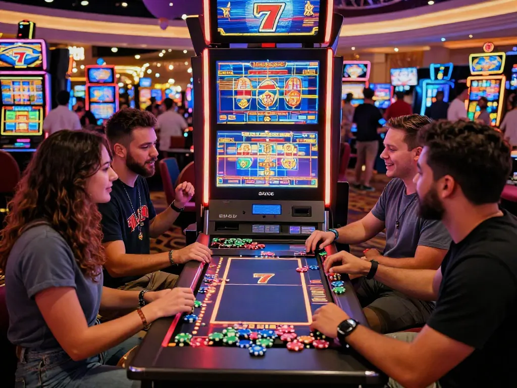 Engaging scene of friends enjoying Lucky777 gaming in a vibrant casino setting.