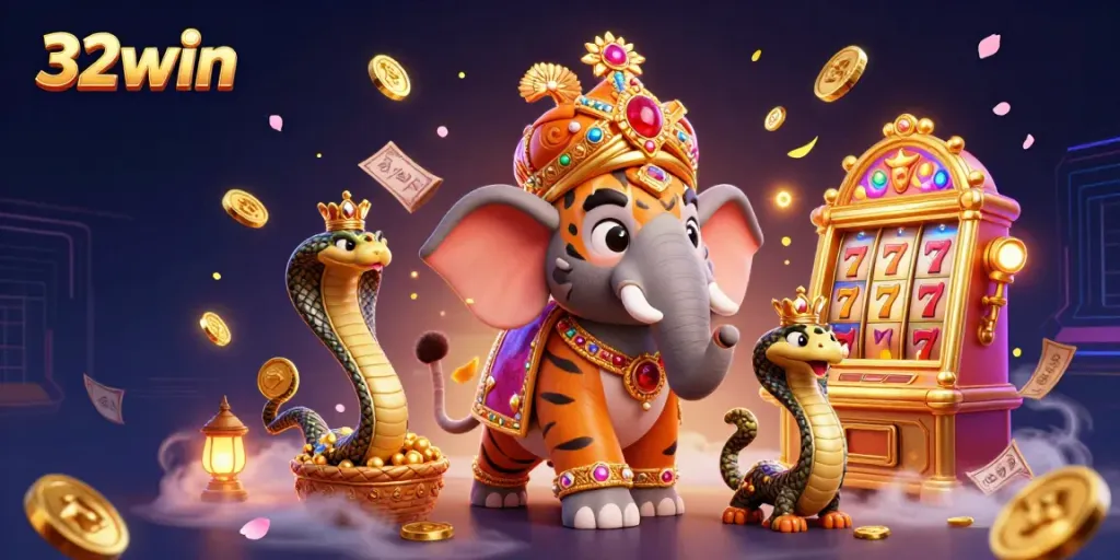 Experience the vibrant world of slots and jackpots with 32win's dynamic gaming scene featuring a 3D maharaja and elephant.