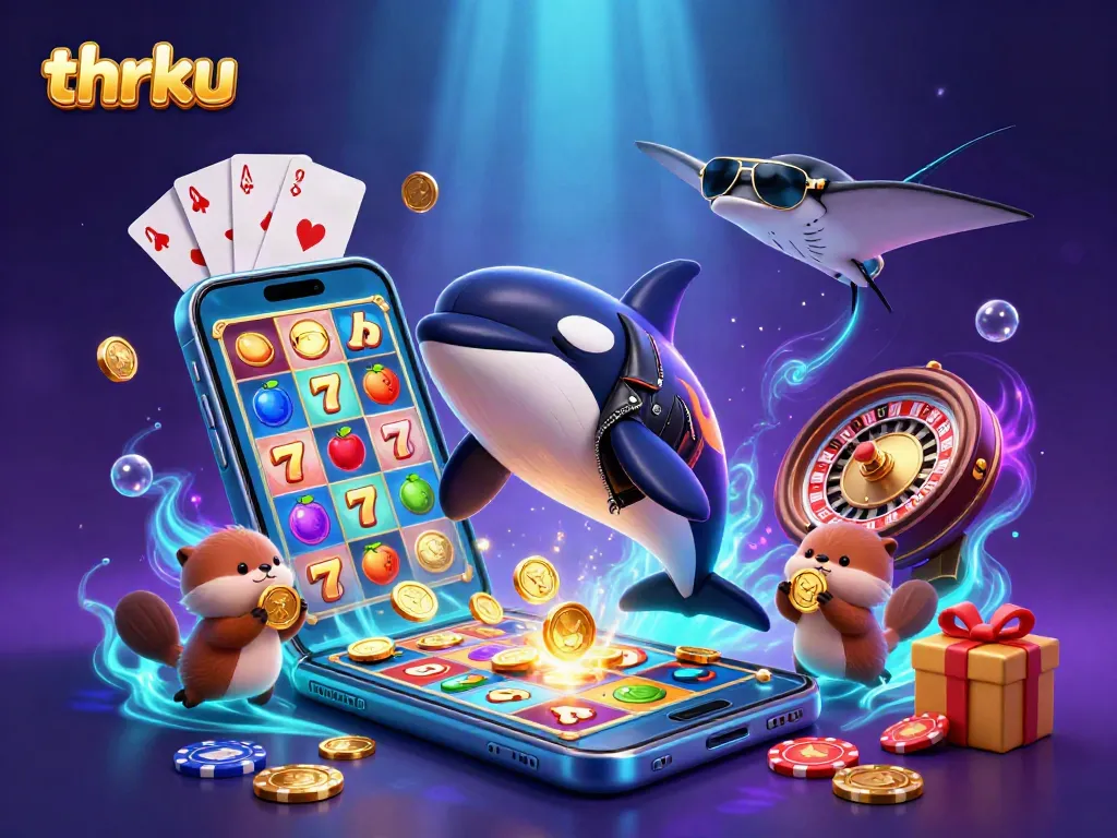 Thrku showcases an orca, stingray, and otters immersed in casino-themed fun, emphasizing vibrant online gaming vibes.