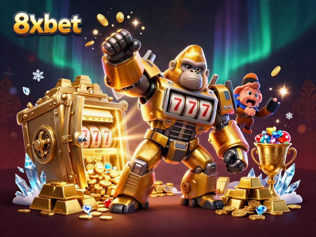 Experience thrilling gaming at 8xbet with a dynamic 3D illustration of a golden gorilla mech and treasure.